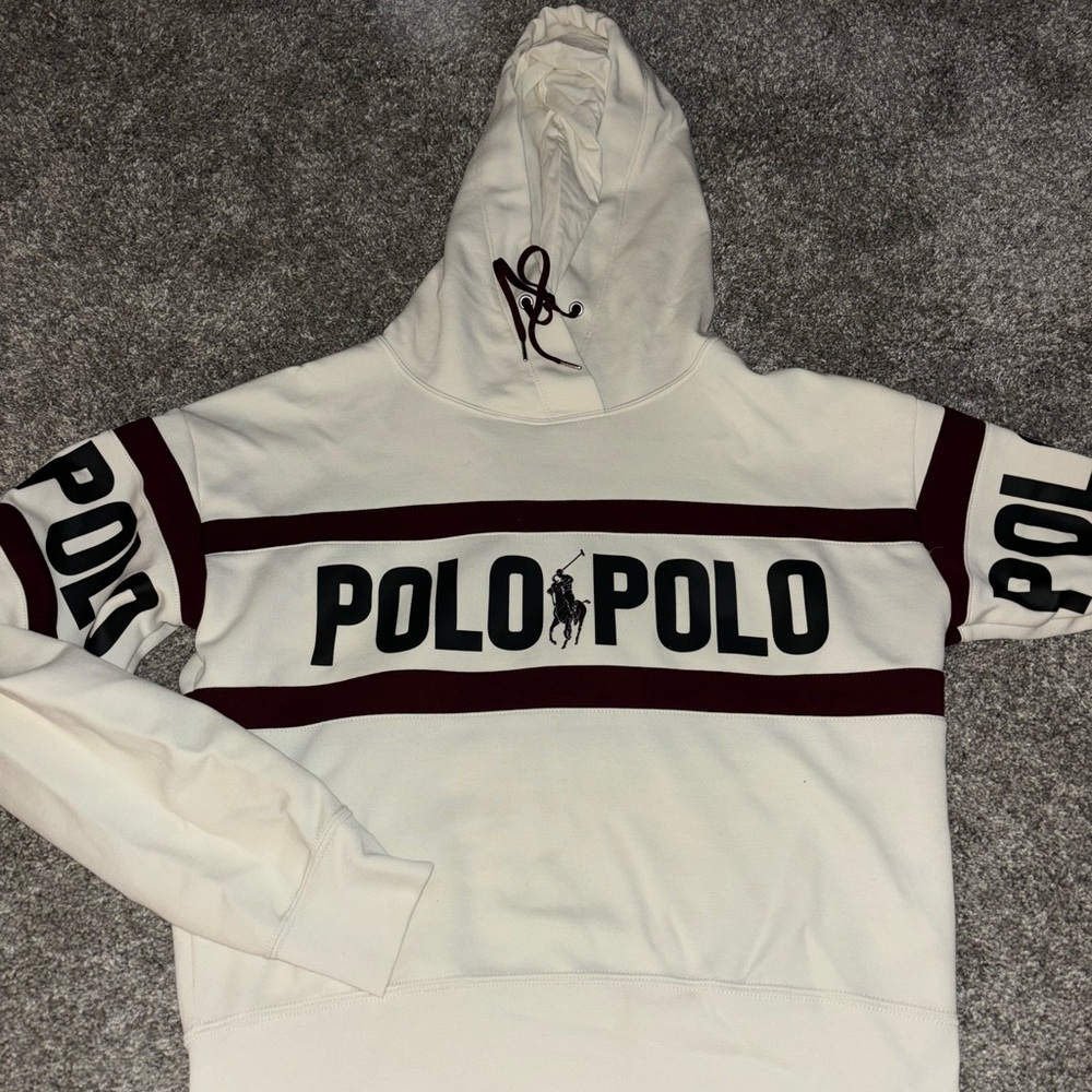 Ralph Lauren Cream Hoodie with Maroon Drawstrings